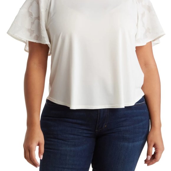 Nordstrom Rack Jacquard Flutter Sleeve Top- Ivory Cloud - 2X - New Without Tags - Picture 1 of 5